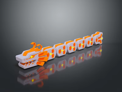 Orange And White Dragon Shaped Model With Yellow Accents On Black Surface And Reflections 3d model