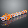 Orange And White Dragon Shaped Model With Yellow Accents On Black Surface And Reflections