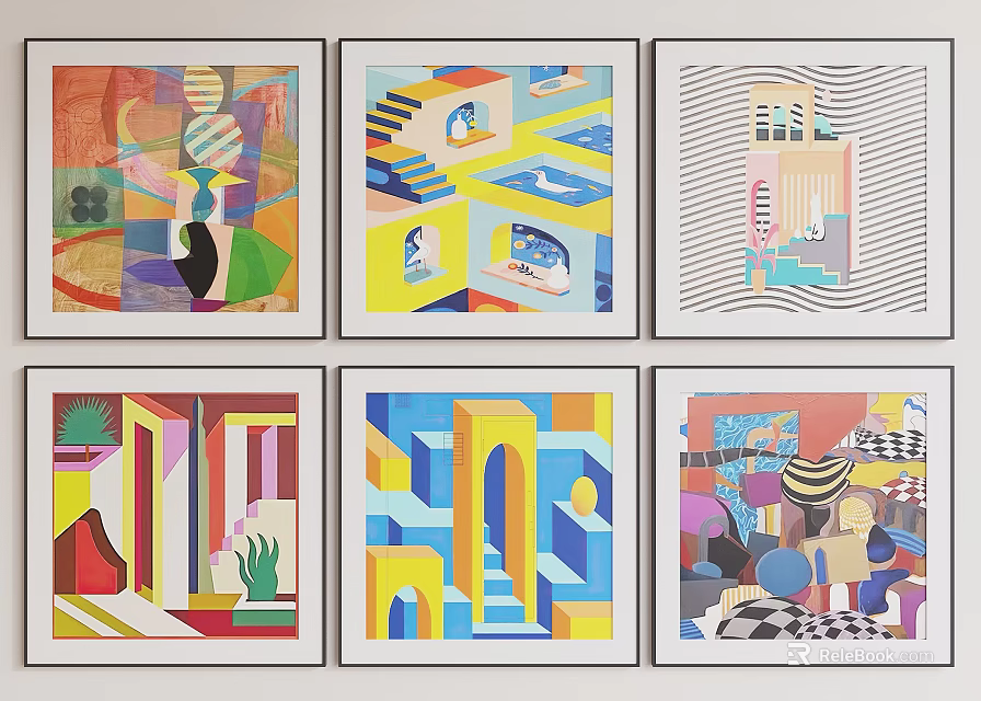 Six Framed Vibrant Abstract Paintings With Geometric Shapes Lines And Colors 3d model 