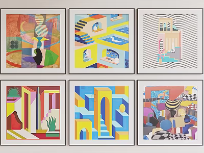 Six Framed Vibrant Abstract Paintings With Geometric Shapes Lines And Colors 3d model