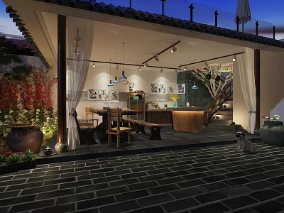 Traditional Modern Restaurant Courtyard With Wooden Furniture And Hanging Lights Design 3d model