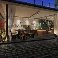 Traditional Modern Restaurant Courtyard With Wooden Furniture And Hanging Lights Design