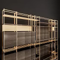 Modern Display Shelves With Golden Metal Frame And Wooden Panel Storage Design