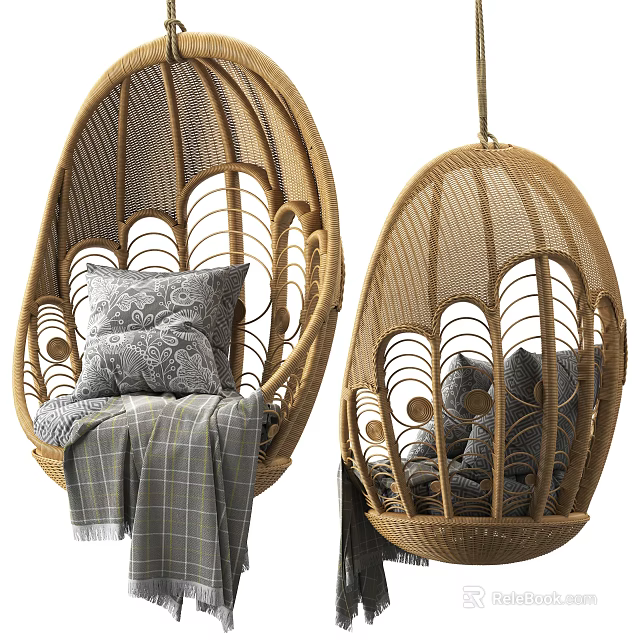 Wicker Hanging Chair With Intricate Pattern Cozy Pillows And Plaid Blanket For Home Interior 3d model 
