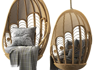 Wicker Hanging Chair With Intricate Pattern Cozy Pillows And Plaid Blanket For Home Interior 3d model