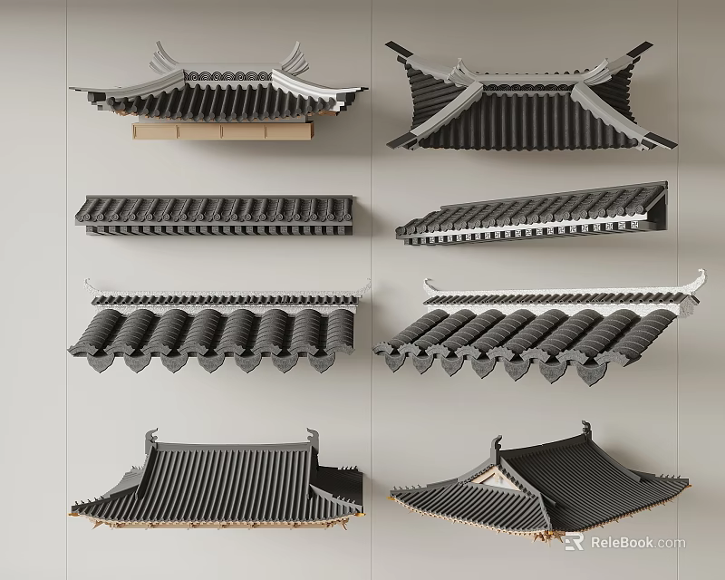 Traditional Architectural Roof Components With Tile Structures And Various Eave Designs 3d model 
