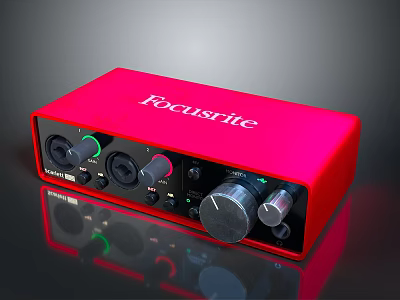 Red Focusrite Audio Interface with Control Knobs and Input Output Ports 3d model