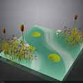 Water Pond Scene With Green Lily Pads Purple White Flowers And Orange Reeds
