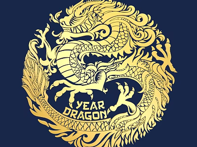 Golden Dragon Carving Circular Design With YEAR DRAGON Text On Dark Blue Background 3d model
