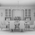 Modern Elegant Dining Room With Chandelier Dining Table Chairs Decorative Artwork Rug Wall Sconces And Windows