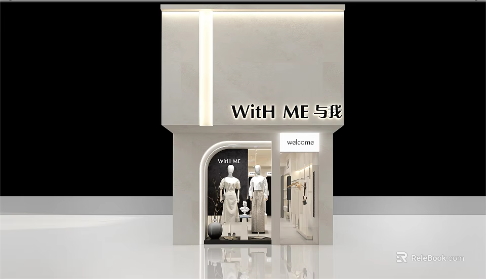 Modern White Clothing Store With Window Display Mannequins Minimalist Entrance And Welcome Sign Design 3d model 