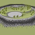 Open Square Landscape With Green Lawn Trees And Geometric Paved Ground Under Blue Sky