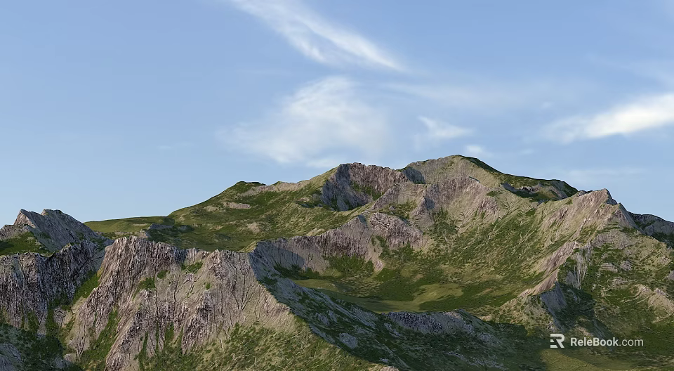 Garden Landscape With Green Grass Rocky Mountain And White Clouds In Blue Sky 3d model 