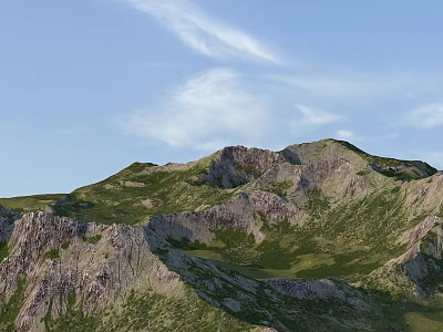 Garden Landscape With Green Grass Rocky Mountain And White Clouds In Blue Sky 3d model