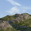 Garden Landscape With Green Grass Rocky Mountain And White Clouds In Blue Sky