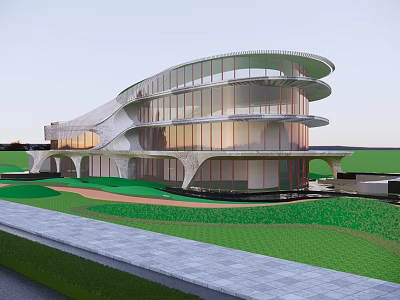 Modern Curved Multi Floor Building With Glass Windows Green Lawn And Stone Pathway 3d model