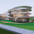 Modern Curved Multi Floor Building With Glass Windows Green Lawn And Stone Pathway 3d model