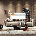 Modern Luxury Beige Sofa And Coffee Table Set With Pillows Artwork And Decorative Rug