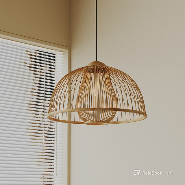 Bamboo Dome Shaped Pendant Light Hang In Room With Light Colored Wall And Window Blinds 3d model 