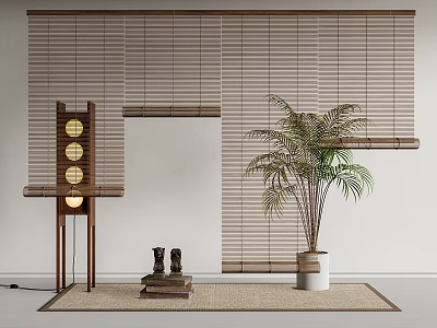 Natural Bamboo Blinds in Japanese Interior with Wooden Lamp Potted Palm and Decorative Items 3d model