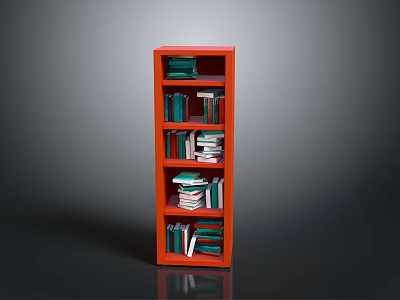 Modern Red Wooden Bookcase with Stacked Books on Multiple Shelves 3d model