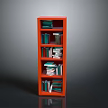 Modern Red Wooden Bookcase with Stacked Books on Multiple Shelves