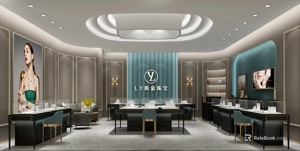 Luxury Modern Jewelry Store Interior With Gold Jewelry Displays And Elegant Seating Areas 3d model 