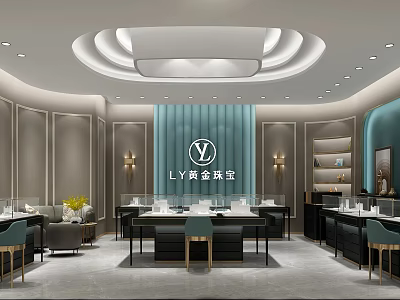 Luxury Modern Jewelry Store Interior With Gold Jewelry Displays And Elegant Seating Areas 3d model