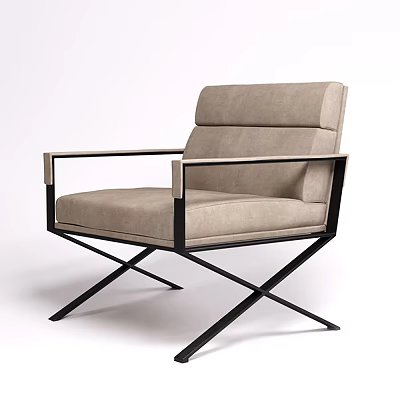 Modern Accent Chair with Light Gray Upholstered Seat Backrest and Black Metal Crossed Legs Design 3d model