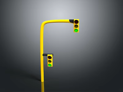 Yellow Traffic Light Pole With Two Green Illuminated Traffic Lights On Curved Arm 3d model