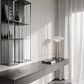 Modern Minimalist Desk With Open Shelf Table Lamp Books White Wall And Curtains