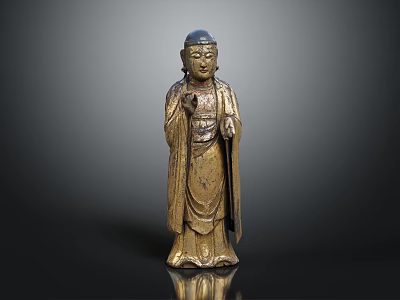 Golden Standing Buddha Statue With Robed Figure And Raised Hand Gesture In Traditional Decorative Design 3d model
