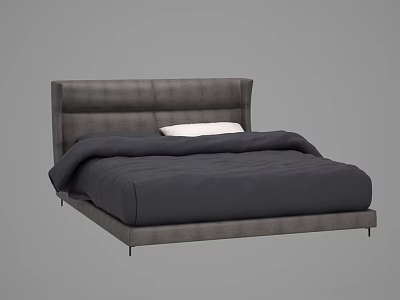 Modern Double Bed With Upholstered Headboard Gray Black Bedding And Minimalist Design 3d model