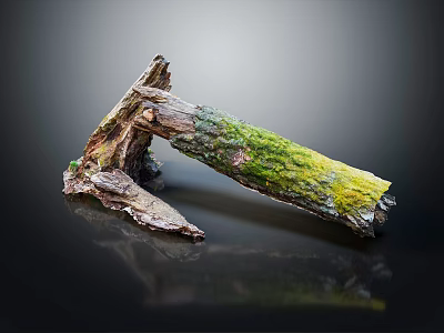 Rustic Wood Stone Decorative Piece With Green Moss And Natural Surface Texture 3d model