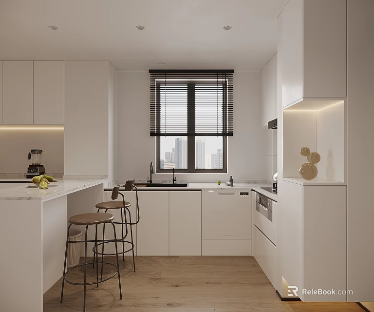 Modern Dining Kitchen Interior With White Cabinets Island Counter Bar Stools Window And City View 3d model 