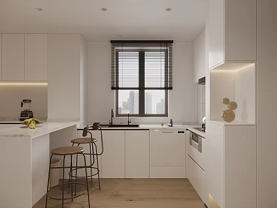 Modern Dining Kitchen Interior With White Cabinets Island Counter Bar Stools Window And City View 3d model