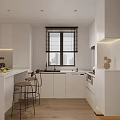 Modern Dining Kitchen Interior With White Cabinets Island Counter Bar Stools Window And City View