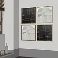Four Framed Black And White Line Artworks On Wall In Modern Interior Space With Vase