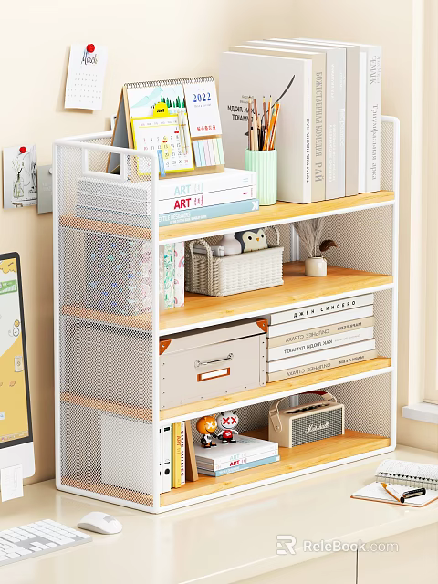 Organized Home Office Bookshelf With Books File Organizers Stationery And Decorative Storage Boxes 3d model 