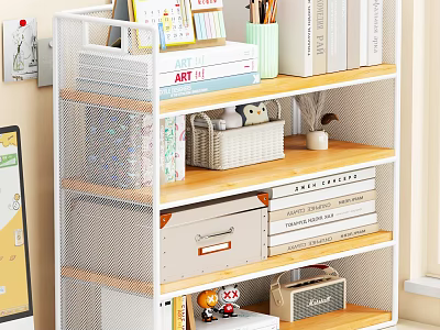 Organized Home Office Bookshelf With Books File Organizers Stationery And Decorative Storage Boxes 3d model