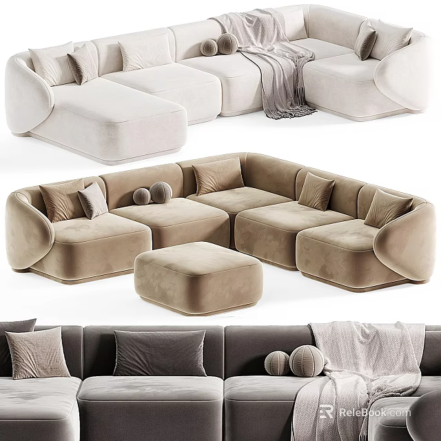 Modern Plush Velvet Sectional Sofa Design With Cozy Pillows And Matching Ottoman 3d model 