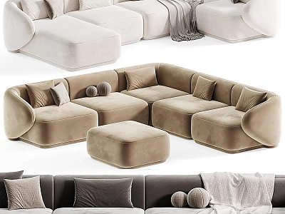 Modern Plush Velvet Sectional Sofa Design With Cozy Pillows And Matching Ottoman 3d model