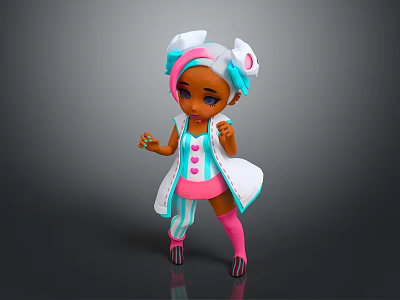 Cute 3D Rendered Child With Pink Blue Outfit White Coat Bow And Striped Socks 3d model