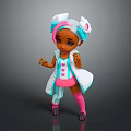 Cute 3D Rendered Child With Pink Blue Outfit White Coat Bow And Striped Socks