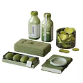 Decorative Ornament Set with Limes in Glass Jars Green Bottles and Fabric Box