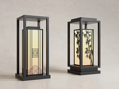 Traditional Chinese Style Outdoor Lights With Black Frame Bamboo And Geometric Patterns 3d model