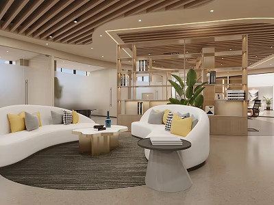 Modern Reception Area Interior With White Sofa Coffee Table Plants And Bookshelf 3d model