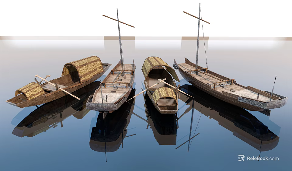 Traditional Wooden Boats With Masts And Canopies Floating On Calm Water With Reflections 3d model 