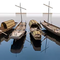 Traditional Wooden Boats With Masts And Canopies Floating On Calm Water With Reflections