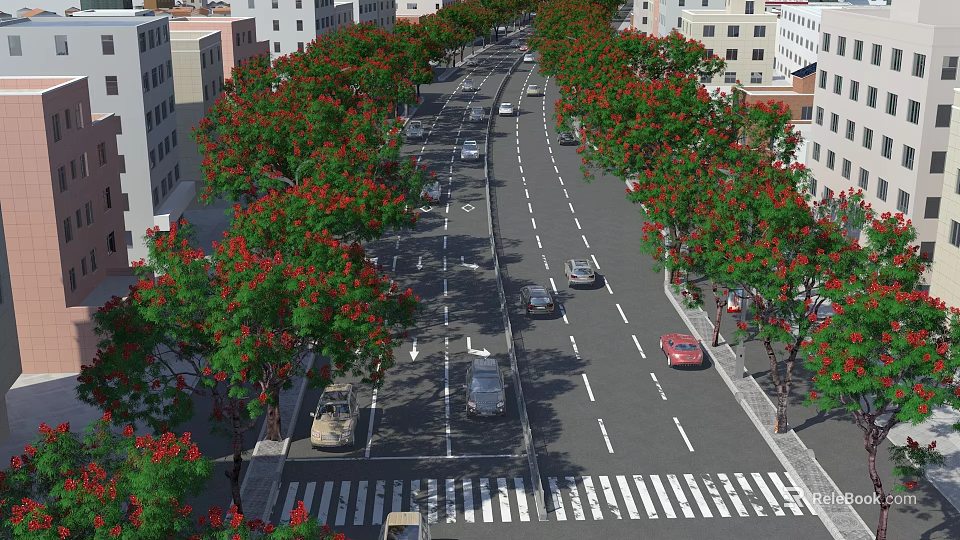 Urban Commercial Street Landscape With Red Flower Trees And Moving Vehicles 3d model 